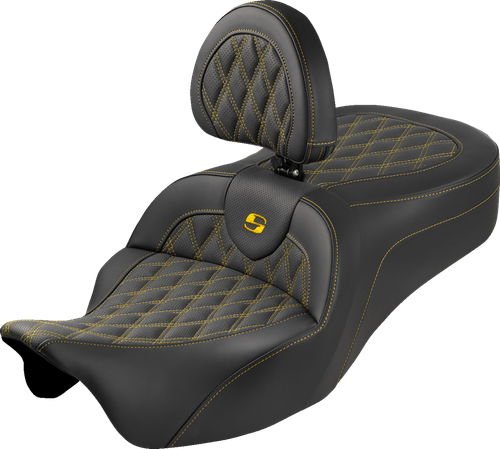 SADDLEMEN 808-07B-182SB7 Roadsofa™ King Seat - With Backrest Lattice Stitch Gold Stitch FLH/FLT '08-'25