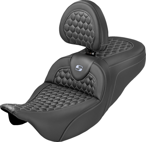 SADDLEMEN 808-07B-189B5 Roadsofa™ Seat - Honeycomb Stitch Silver Stitch With Backrest FLH/FLT '08-'25