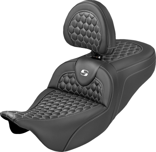 SADDLEMEN 808-07B-189B6 Roadsofa™ Seat - Honeycomb Stitch White Stitch With Backrest FLH/FLT '08-'25