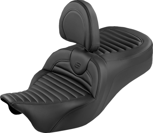 SADDLEMEN 808-07B-202SB0 Roadsofa™ King Seat - With Backrest Tuck-n-Roll Black Stitch FLH/FLT '08-'25
