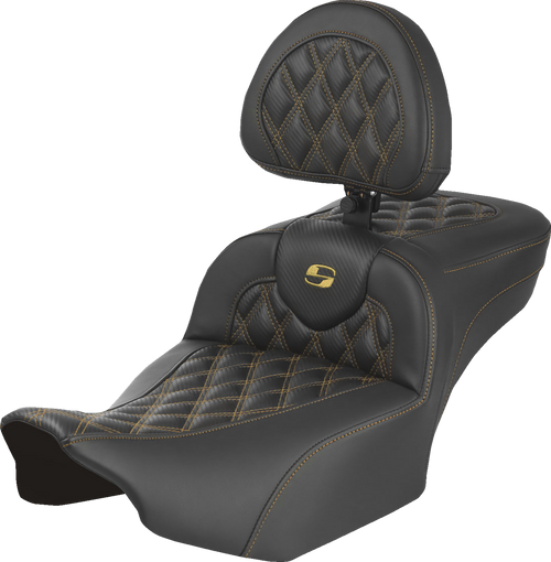 SADDLEMEN 823-07-207B7 Roadsofa™ Carbon Fiber Seat - Carbon Fiber with Backrest Gold Lattice Stitch FLH/FLT '23-'25