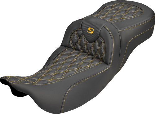 SADDLEMEN 808-07B-20707 Roadsofa™ Carbon Fiber Seat - Lattice Gold Stitch Without Backrest FL '08-'25