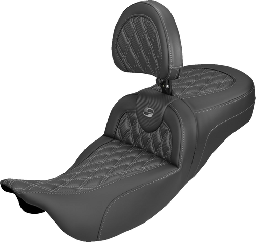 SADDLEMEN 808-07B-207B2 Roadsofa™ Carbon Fiber Seat - Lattice Gray Stitch With Backrest FL '08-'25