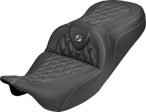 SADDLEMEN 808-07B-20605 Roadsofa™ Carbon Fiber Seat - Lattice Silver Stitch Without Backrest FLH/FLT '08-'25