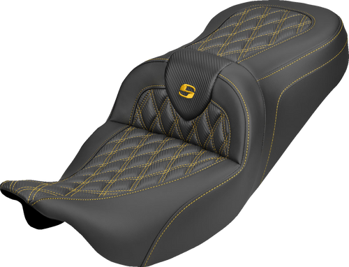 SADDLEMEN 808-07B-20607 Roadsofa™ Carbon Fiber Seat - Lattice Gold Stitch Without Backrest FLH/FLT '08-'25
