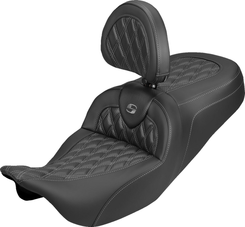 SADDLEMEN 808-07B-206B2 Roadsofa™ Carbon Fiber Seat - Lattice Gray Stitch With Backrest FLH/FLT '08-'25