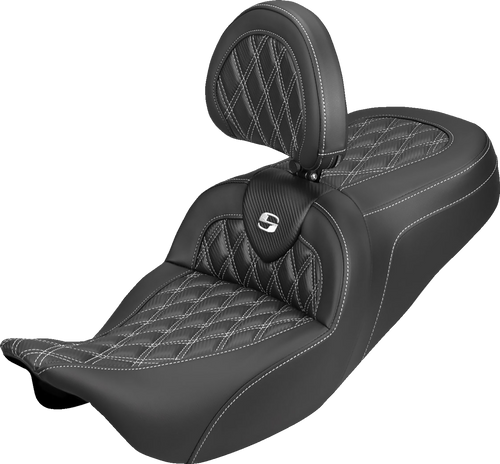 SADDLEMEN 808-07B-206B6 Roadsofa™ Carbon Fiber Seat - Lattice White Stitch With Backrest FLH/FLT '08-'25