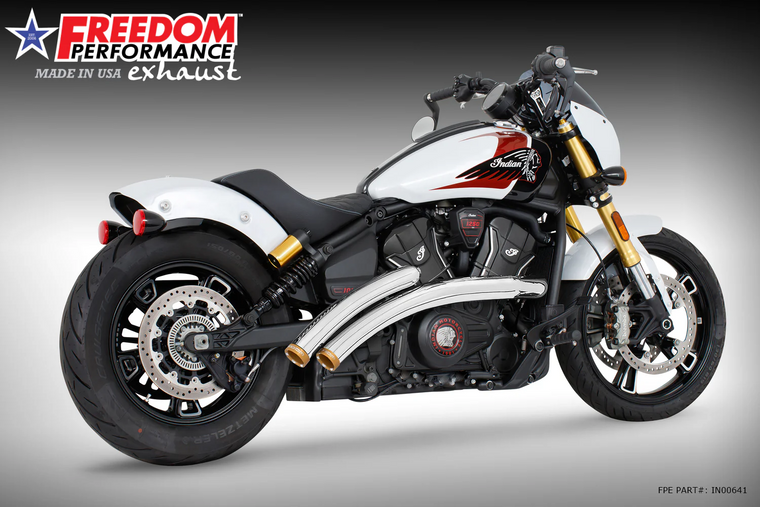 Freedom IN00641 Radical Radius Exhaust Chrome w Gold Sculpted Straight tip Scout 2025 25 Freedom IN00641 Radical Radius Exhaust Chrome w Gold Sculpted Straight tip Scout 2025 25