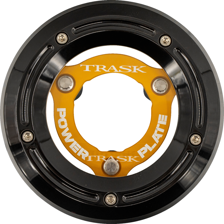 Trask Black Derby Cover Gold Clutch Power Plate 17-25 FL Glide TM-0051-BK-GD Trask Black Derby Cover Gold Clutch Power Plate 17-25 FL Glide TM-0051-BK-GD