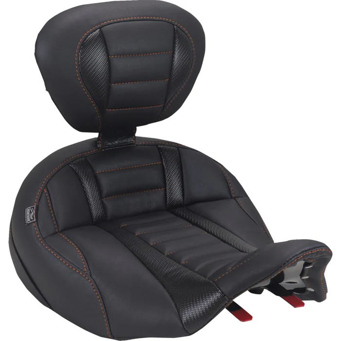 Mustang 84153 Deluxe Touring Solo Seat with driver's backrest mandarin orange stitch flh/flt '23-'25