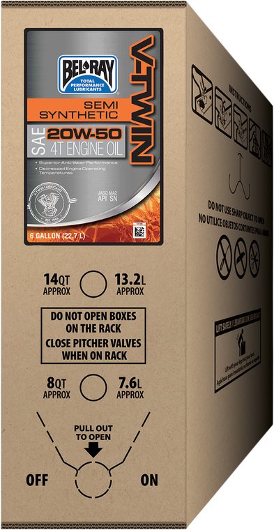 BEL-RAY 301389150033 V-Twin Semi-Synthetic 4-Stroke Engine Oil - 20W-50 6 U.S. gal. Bag-In-Box