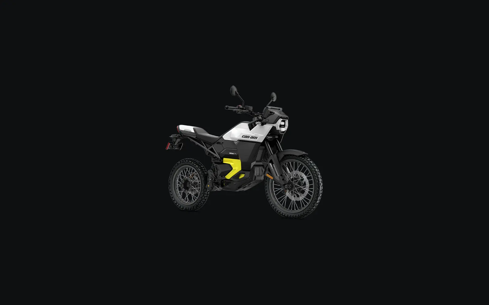 White and black 2026 Can-Am Origin electric dual-sport motorcycle