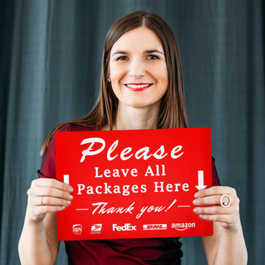 Please Leave Package Here Vinyl Sticker Sign - Red, 14x10" - 3