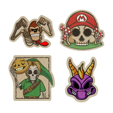 Retro Newsprint Video Game Inspired Skulls 4 Pack, 3x3" - 1