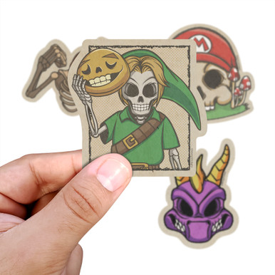 Retro Newsprint Video Game Inspired Zelda Link Skull, 3x3" - 3