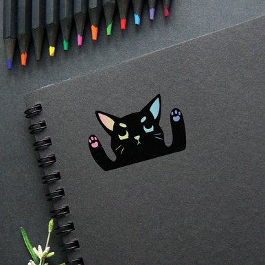 Gothic Celestial Holographic Black Cat Peeker Sticker, 3x1.75" - 3