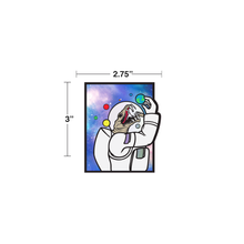 snake skull astronaut holding planets in space sticker in measurements.