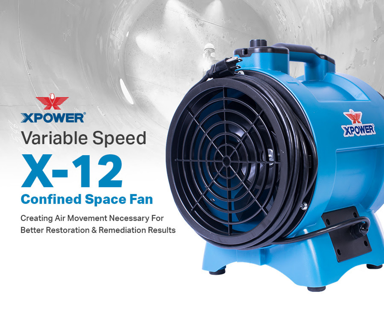 XPOWER X-12 Industrial Confined Space Fan (1/2 HP) FRONT ANGLE new