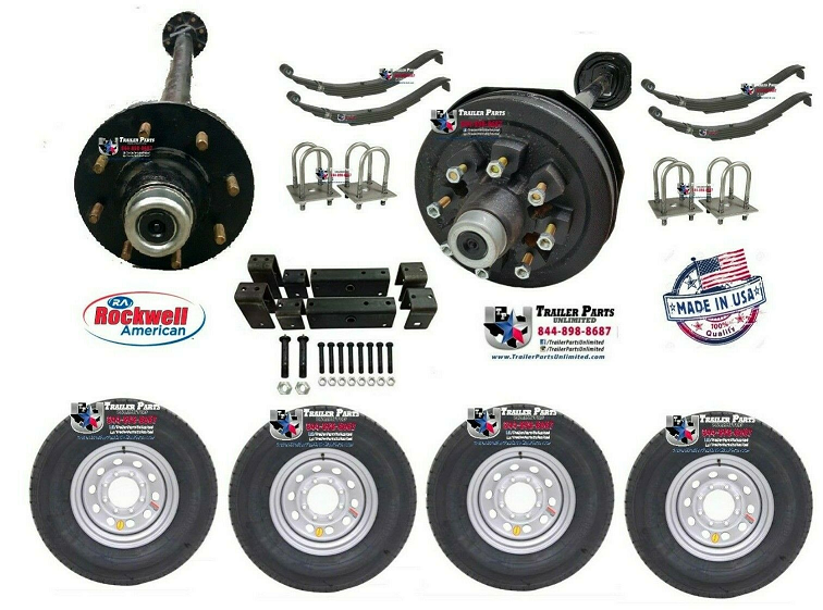 7k Tandem Trailer Axle Tire Wheel kit 1 brake axle, 1 idler axle and