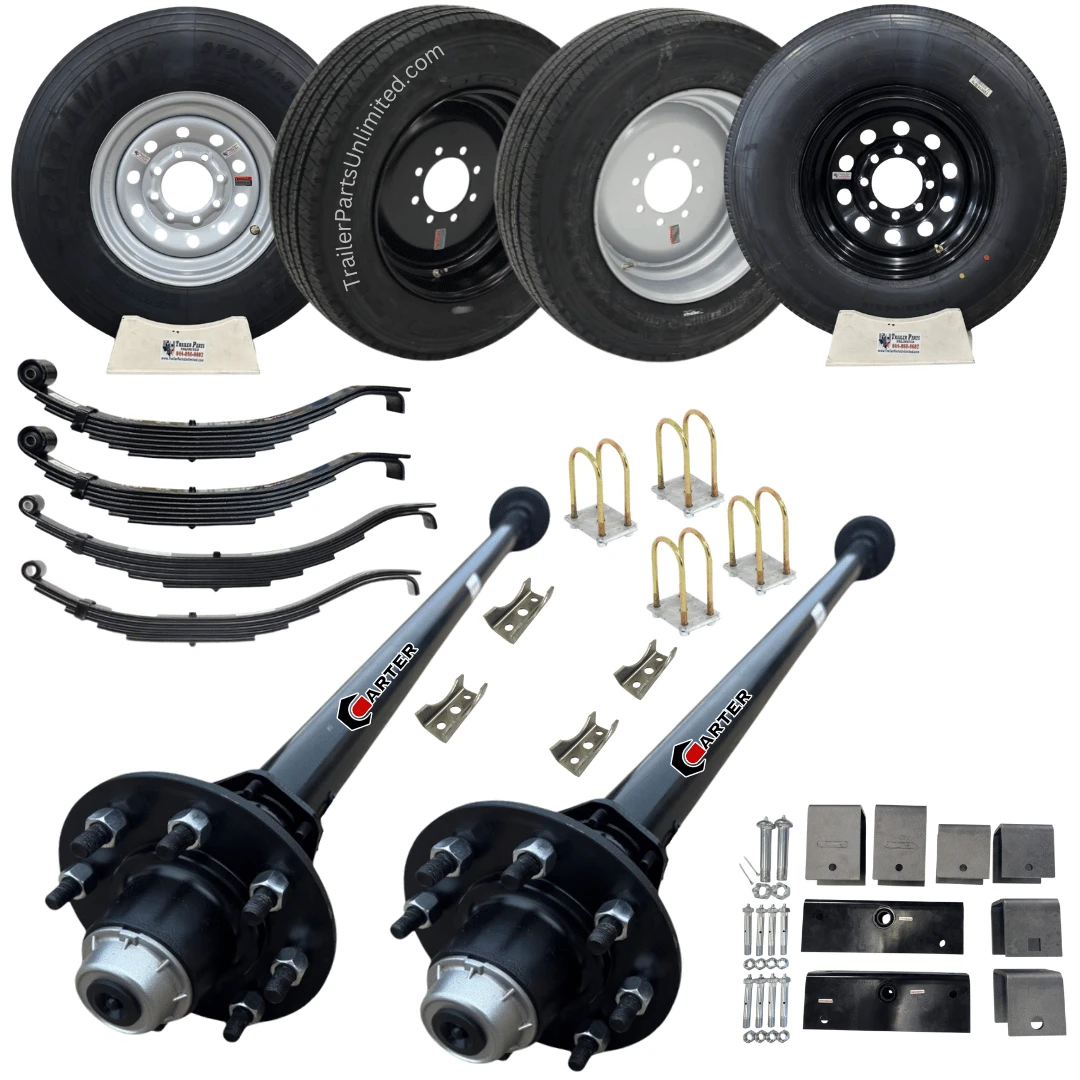Dexter 7k Trailer Axle kit | 14k GVWR | 2 - 7,000 lbs trailer axles with 8 lug idler hubs, leaf springs, u bolts, tandem axle hanger kit, and choice of 16" or 17.5" wheel and tire combos. everything you need to install axles on trailer and get you on the road. 