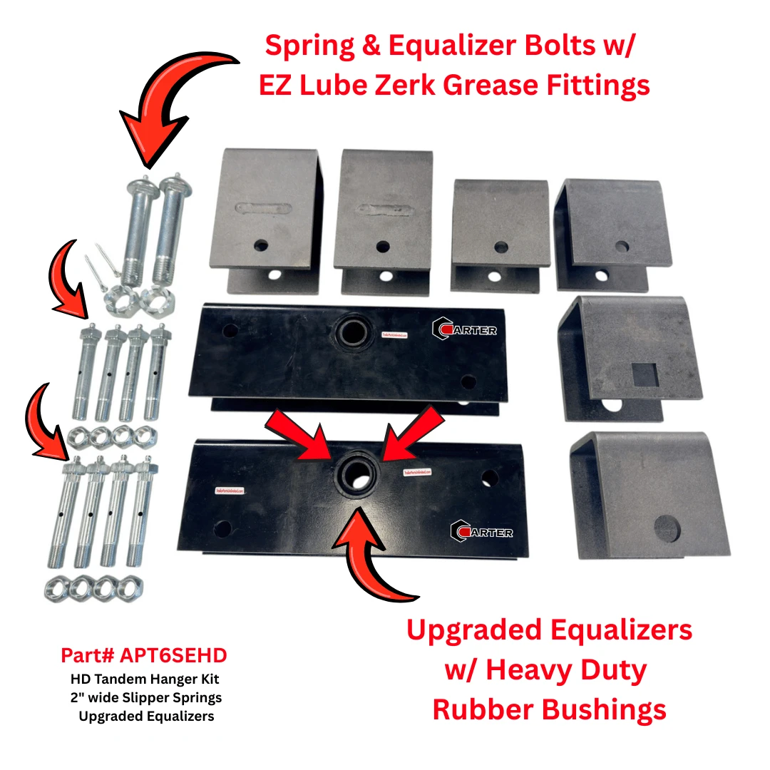#APT6SEHD - Tandem Axle Trailer Hanger kit for 2" wide slipper leaf springs. This is a upgraded hanger kit that includes Heavy duty 12" long equalizers with rubber bushings, 4" wide weld on trailer hangers, and all spring and equalizer bolts come with ez lube zerk grease fittings for easy maintenance. 