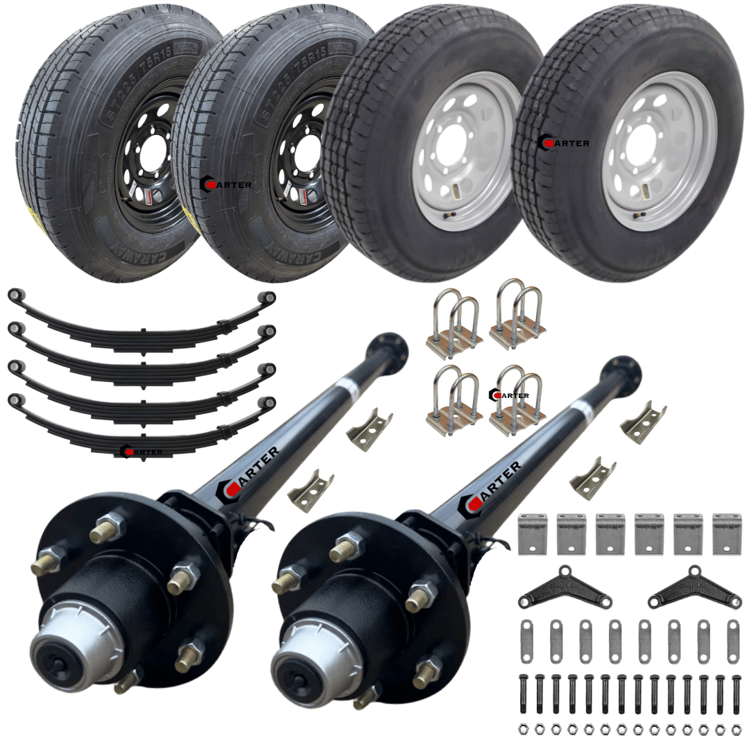 tandem axle trailer kit with 6000 lbs trailer axles and 15 inch 10ply tires and silver mod wheels