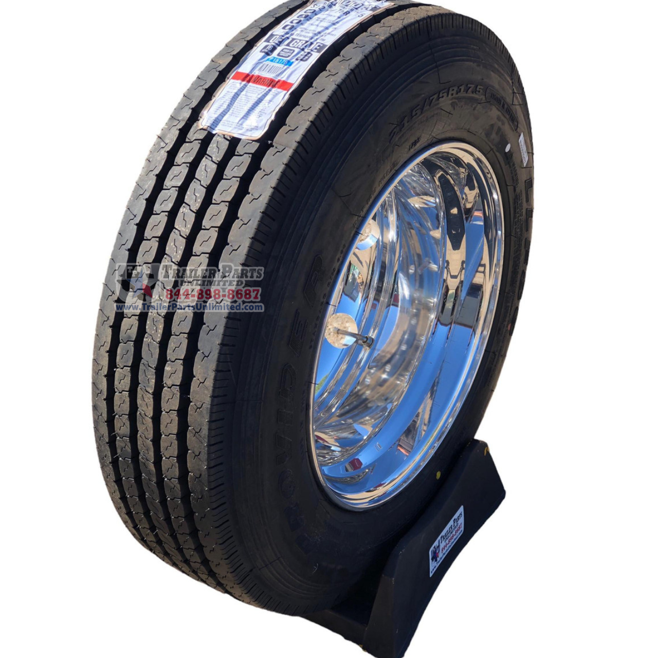 215/75R17.5 16-Ply Provider All Steel Tire on Polished Aluminum Dual Wheel 8x6.5"