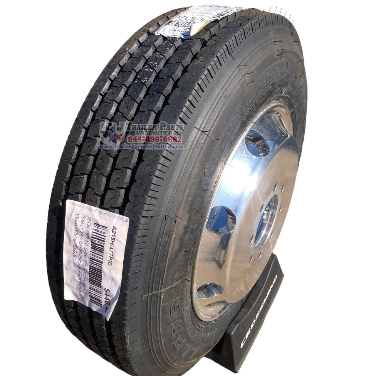 215/75R17.5 16-Ply Provider All Steel Tire on Polished Aluminum Dual Wheel 8x6.5"