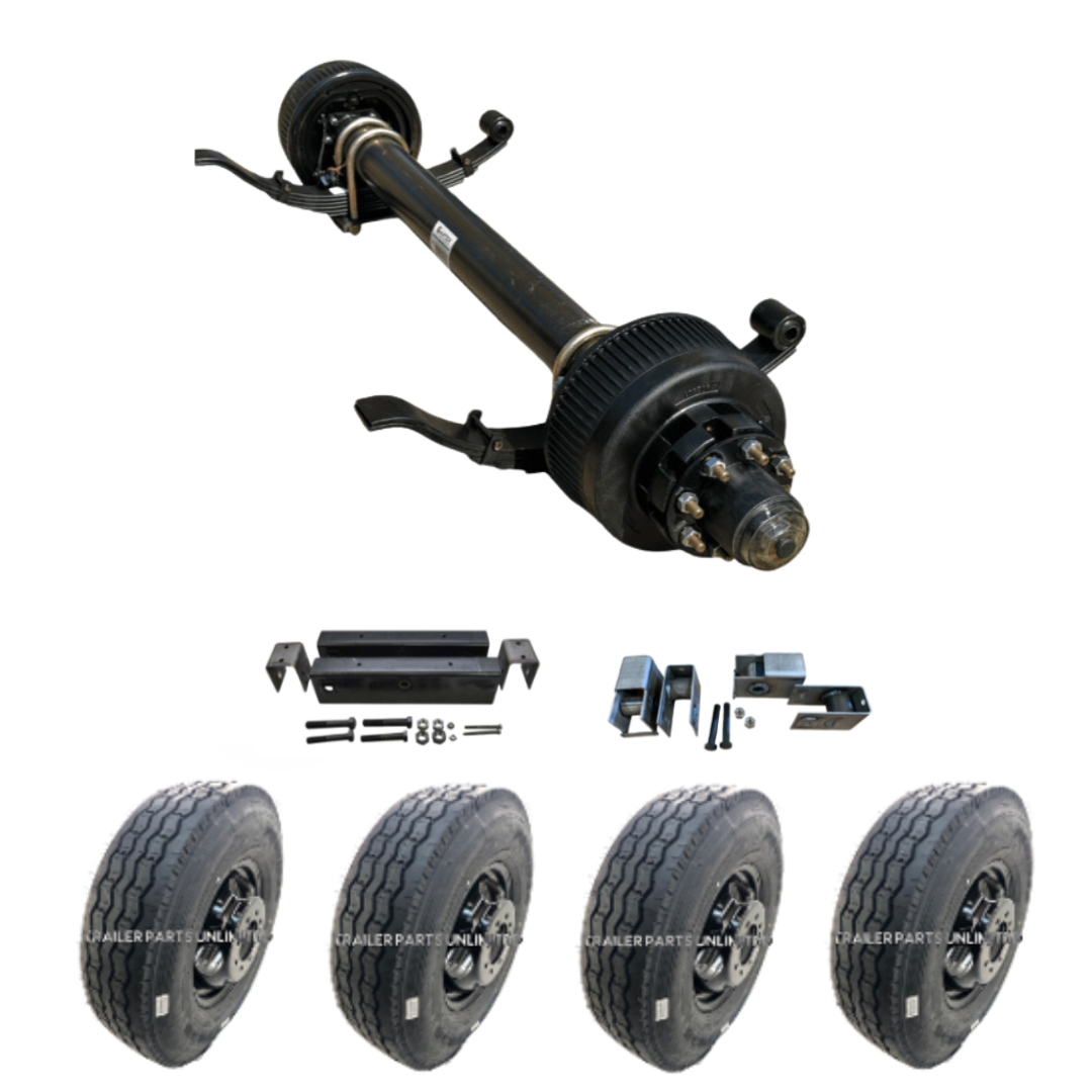 12k lb Carter Trailer Axle Kit with 16-inch Black Dual Wheels, showcasing its robust structure and sleek design, ideal for heavy-duty trailers
