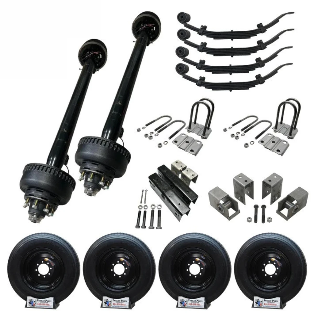 Set of 4 heavy-duty 17.5" trailer tires mounted on super single 17.5" wheels included in the Carter Tandem Trailer Axle Kit, showcasing the kit's high durability and suitability for heavy loads.