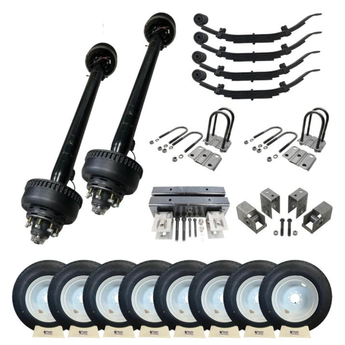All components of the Carter Tandem Trailer Axle Kit displayed, including tandem axles, 17.5” dual wheels, and mounting hardware, ideal for DIY enthusiasts