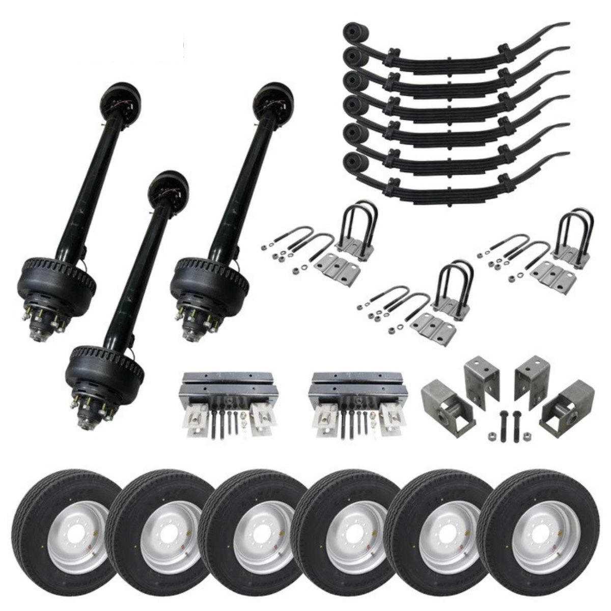 Carter Triple Trailer Axle Kit featuring 10,000 lb capacity and 17.5” silver single wheels, showcasing its high-quality build as a Dexter alternativeAll components of the Carter Triple Trailer Axle Kit, featuring 17.5” super single wheels, ready for a high-performance DIY trailer project