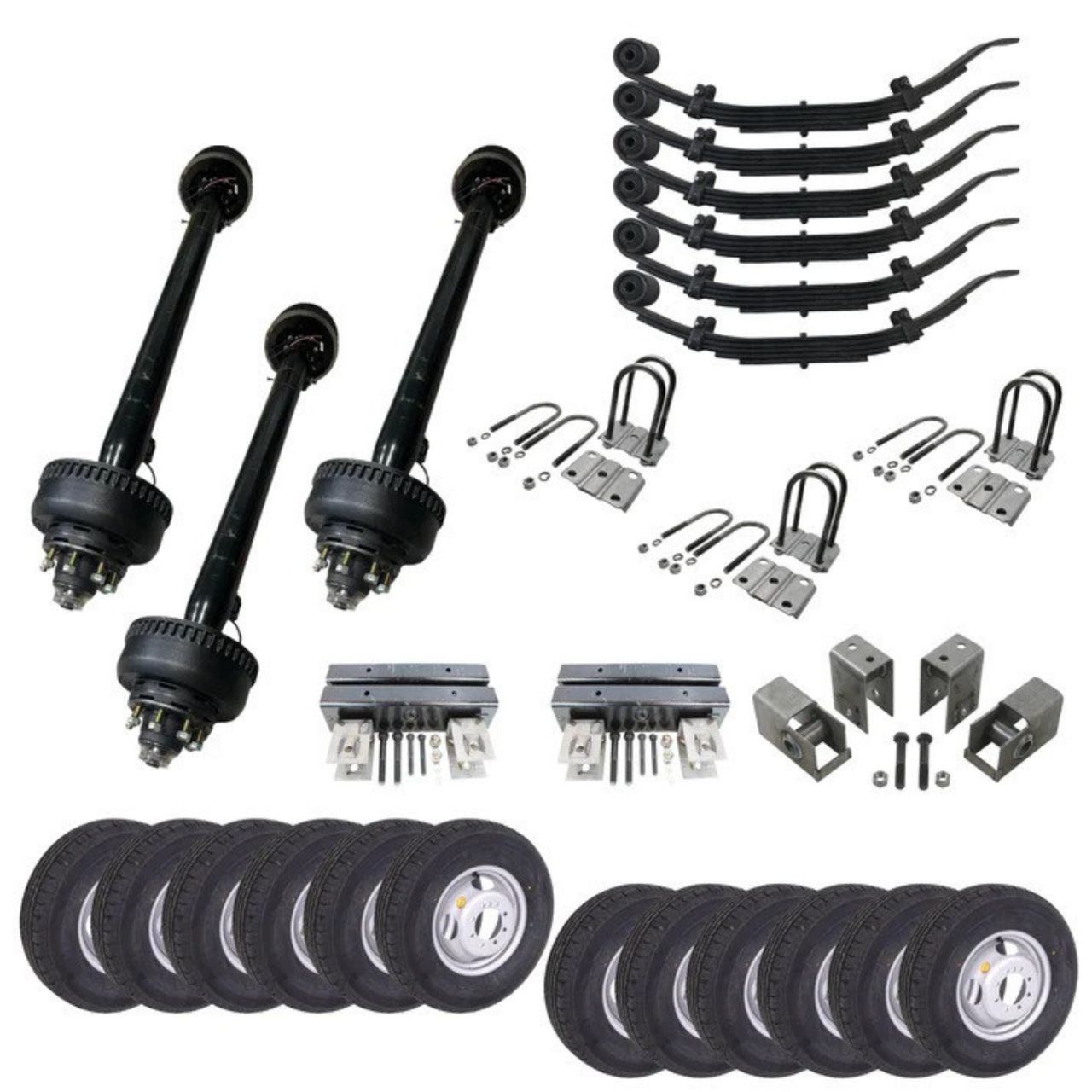 dexter 10k lb Carter Triple Axle Trailer Kit, showcasing 16” silver dual wheels, designed to support heavy loads with a 30K total capacity