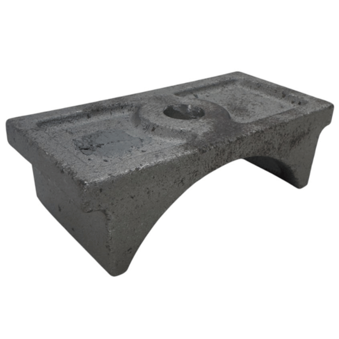 Forged steel spring pad seat for 5" round axles. Measures 6" long, 3" wide, 2" tall, and features a 3/4" center bolt hole for secure installation.