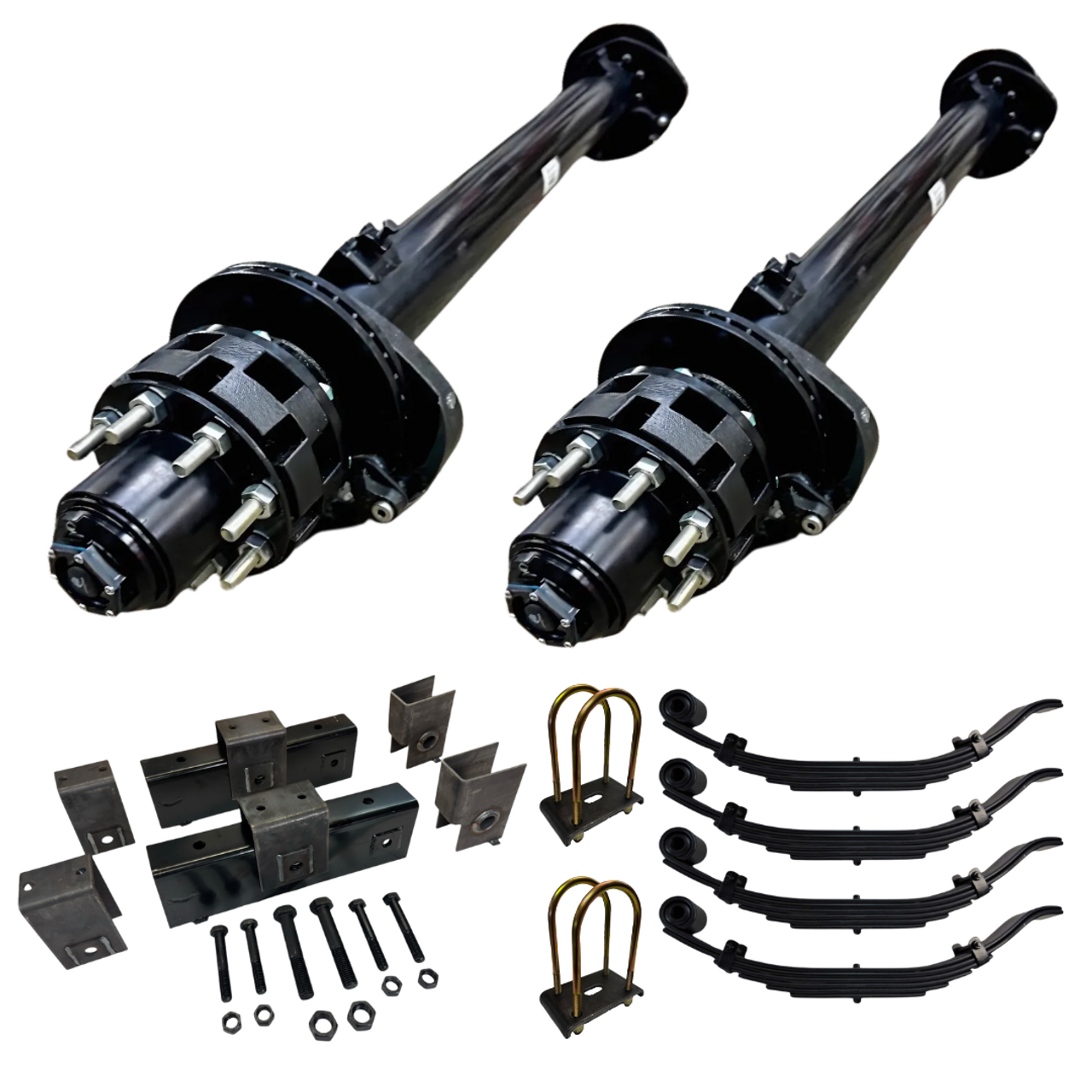 Carter 12,000 lbs tandem trailer axle kit fully assembled, showcasing hydraulic disc brakes, 8x6.5" hubs, and durable construction