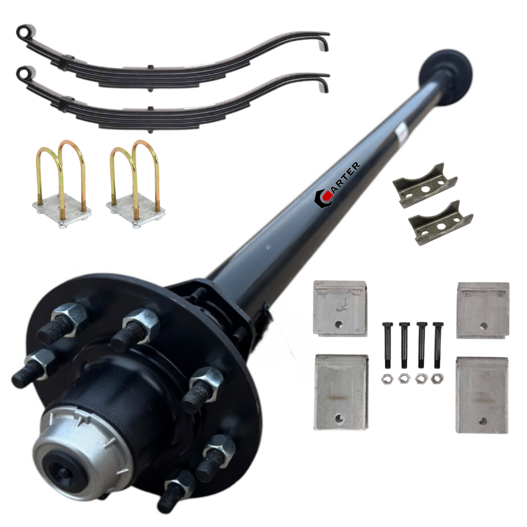 Carter 7K Single Trailer Axle Kit—fully assembled with slipper springs, pre-wired for brakes, and 8-lug hubs