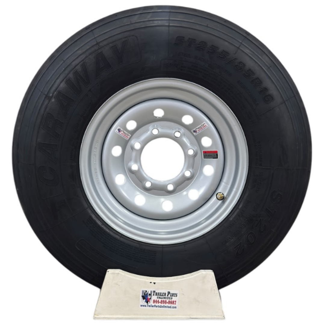 st235/80r16 16-ply trailer tire on silver mod wheel 8x6.5