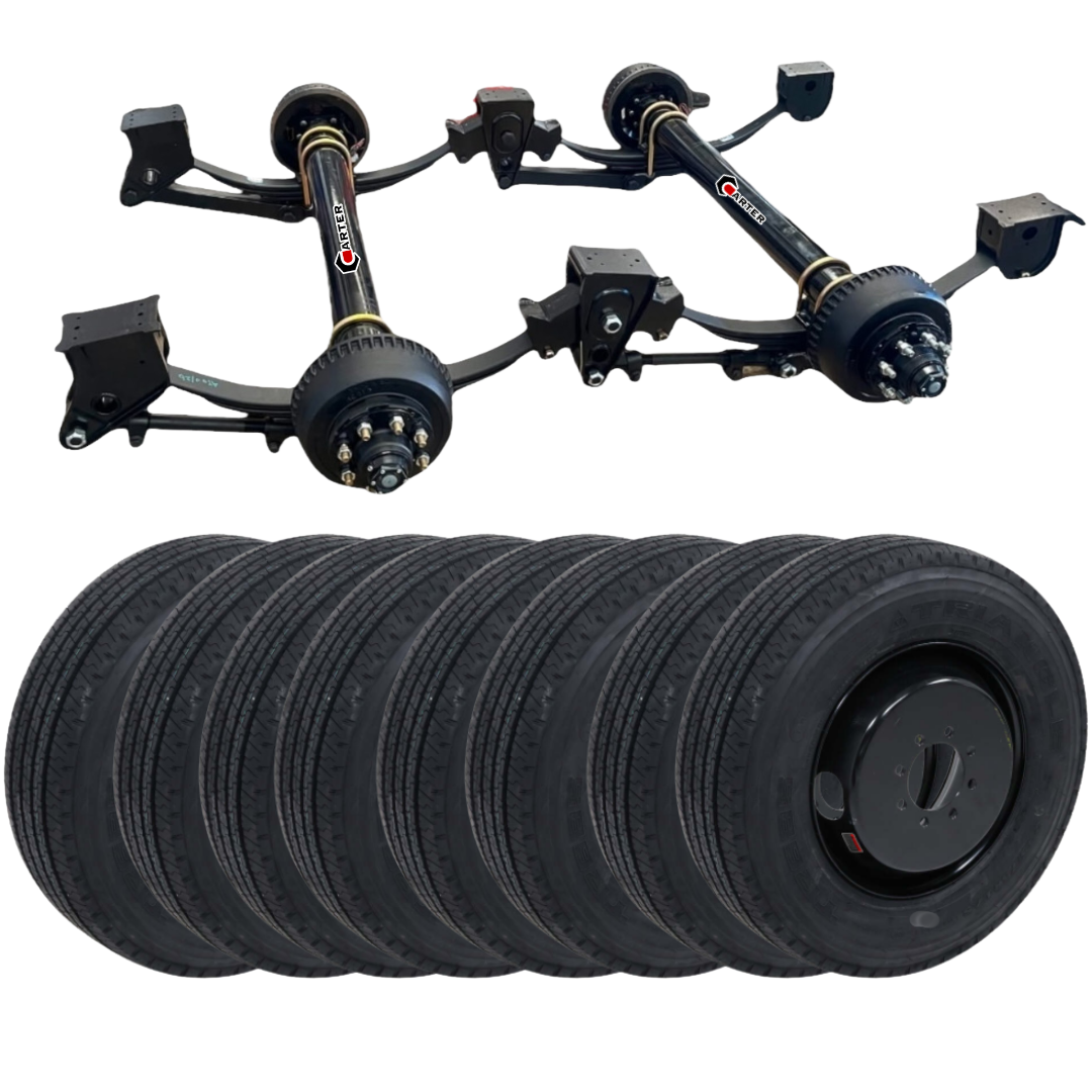 10k dual tandem trailer axle kit with HDSS hutch suspension and 17.5" dual tire wheel combos