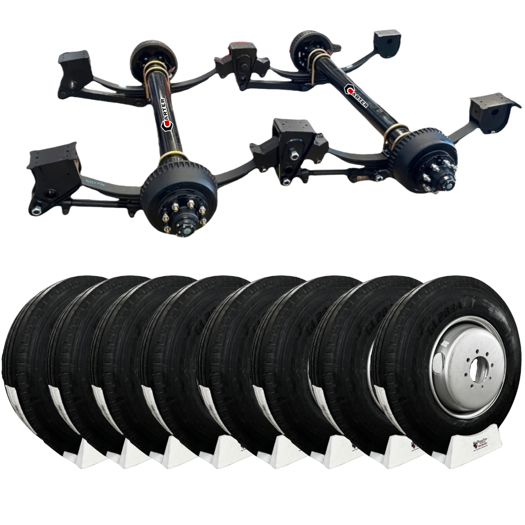 dexter 10k dual tandem trailer kit with hdss hutch suspension and 17.5" silver dual trailer tires and wheels