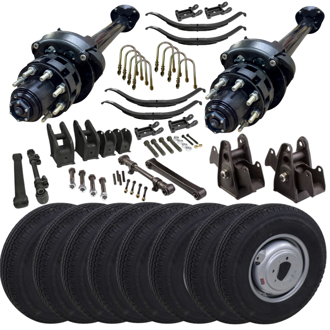 12k hydraulic disc brake trailer axle kit - 24k GVWR - Upgraded hutch suspension - heavy duty trailer tires and wheels