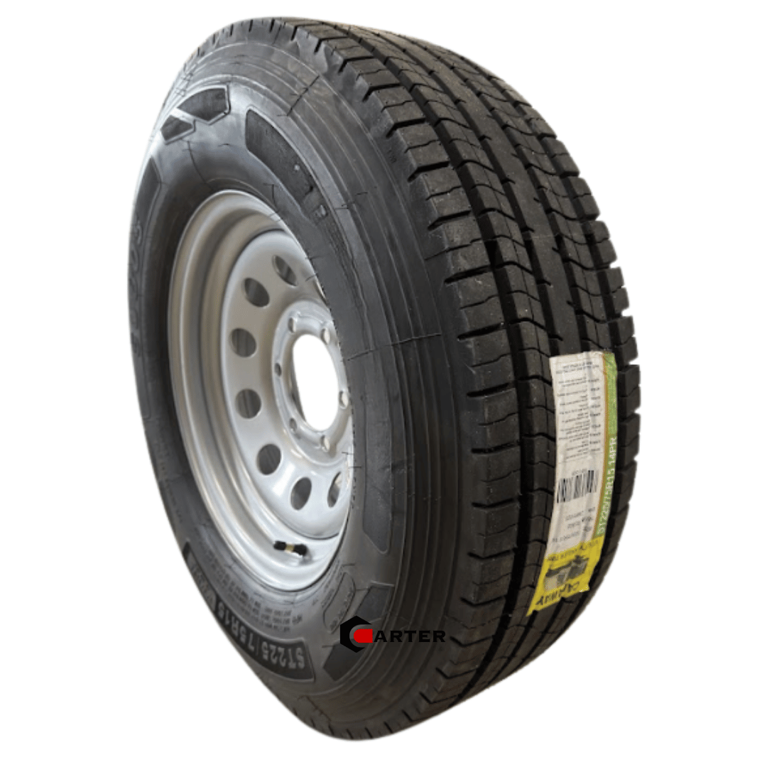 225/75R15 14-Ply lrg trailer tire on silver mod wheel 6x5.5