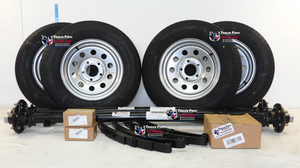 tandem axle trailer kit. 2 - 3500 lb ilder axles with 5 lug hubs, and 15 inch trailer tires and wheels