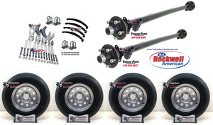 3.5k tandem axle kit . 2 idler 5 lug axles and 4 15" 10 ply trailer tire wheel combos