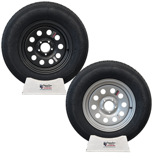 205/75R15 8PLY radial trailer tire mounted on silver or black mod trailer wheel 5 lug