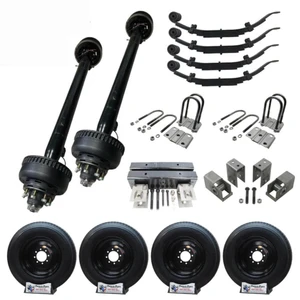 Complete 10,000 lb Carter Tandem Trailer Axle Kit featuring two electric brake axles with springs, u-bolt kits, and a tandem axle hanger kit, ready for installation - the ideal Dexter alternative for robust trailer builds.