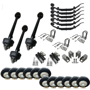 Showcasing the 10k lb Carter Triple Axle Trailer Kit, equipped with 17.5” heavy-duty trailer tires on silver dual wheels, ideal for high-demand trailer tasks and as a Dexter axle alternative