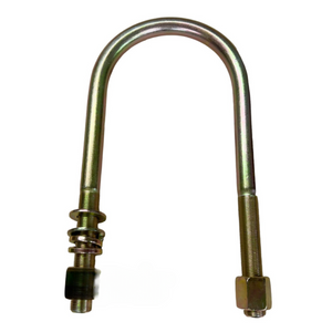 10K U-Bolt with its accompanying nuts. The U-Bolt is prominently displayed in a top view, highlighting its 11-inch length and 5-inch width. The robust 5/8-inch diameter is evident, showcasing the thickness and strength of the material. The U-Bolt's high-quality metal finish shines under a well-lit background, emphasizing its durability