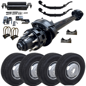 Heavy-duty 12K trailer axle with sleek 16-inch silver wheels – ready for your next haul