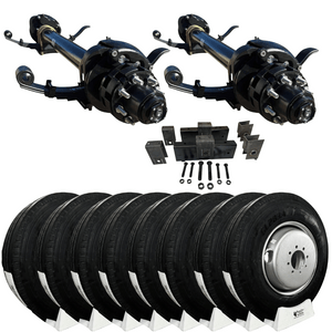 Take on heavy-duty jobs with the Carter 12K Tandem Axle Kit—hydraulic disc brakes, 17.5" tires, and silver dual wheels