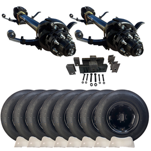 Take on heavy-duty jobs with the Carter 12K Tandem Axle Kit—hydraulic disc brakes, 17.5" tires, and black dual wheels